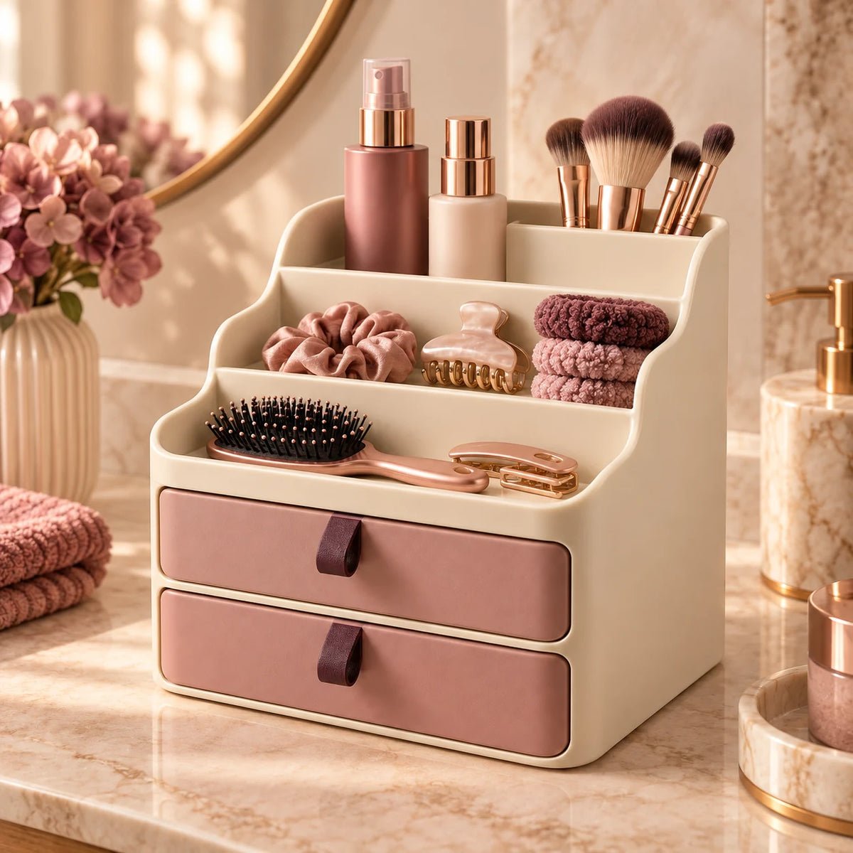 Compact Tiered Cosmetic Organizer — in an everyday setting